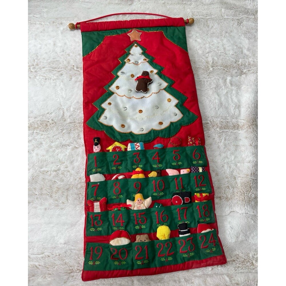 Vtg Pockets of Learning Plush Advent Calendar Christmas Tree Holiday All Pieces